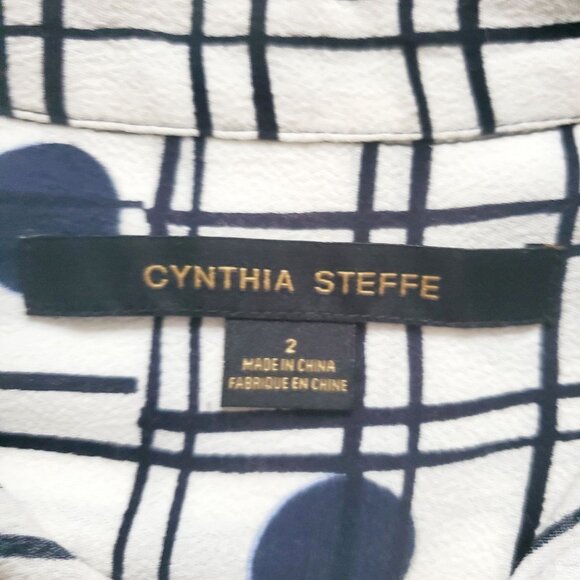Cynthia Steffe Women's Navy Blue Polka Dot Plaid White Shirt Shift Dress Size 2 - Picture 9 of 14